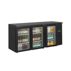 Čierny barový a nápojový chladiaci stôl ECO – 2002 mm, 3 bezrámové sklenené dvere