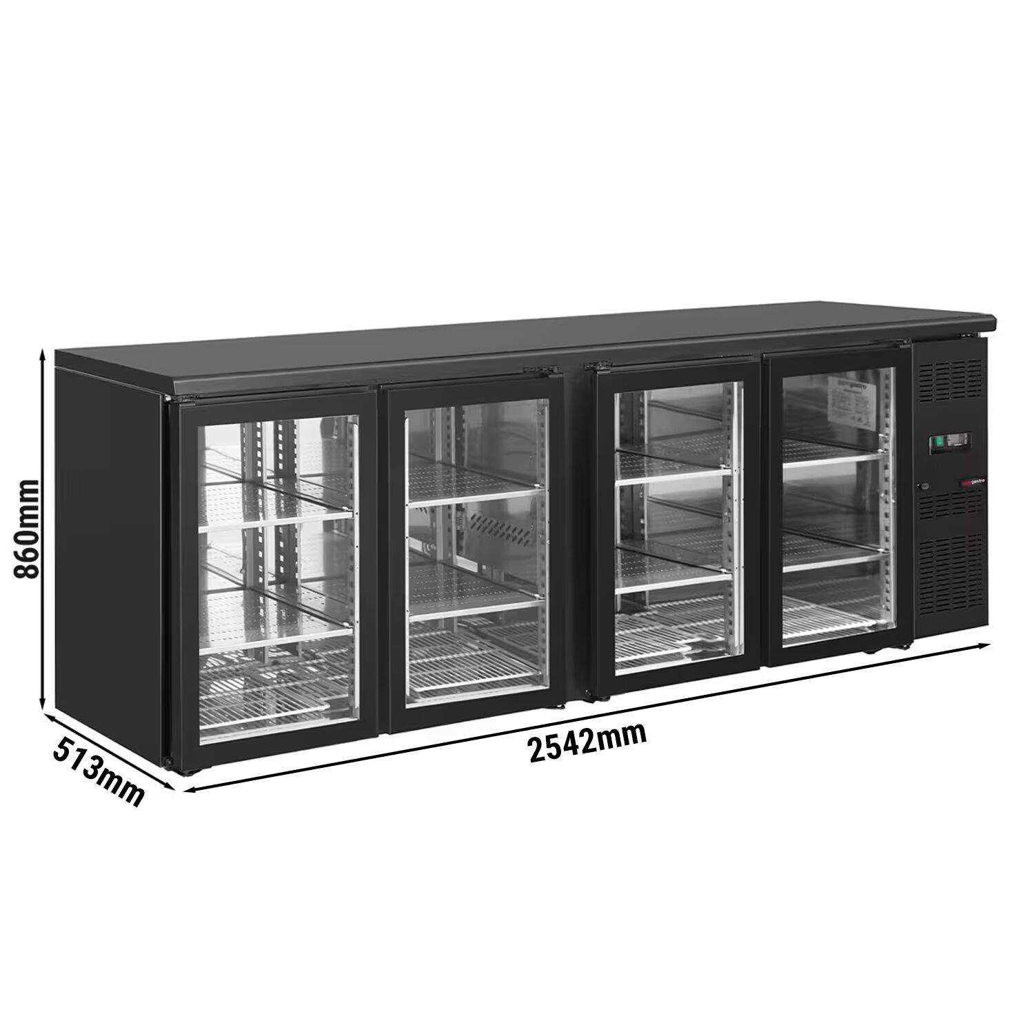 Čierny barový a nápojový chladiaci stôl ECO – 2542 mm, 4 bezrámové sklenené dvere – Obrázok 3