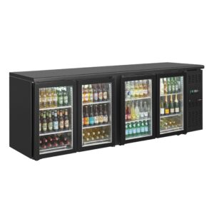 Čierny barový a nápojový chladiaci stôl ECO – 2542 mm, 4 bezrámové sklenené dvere
