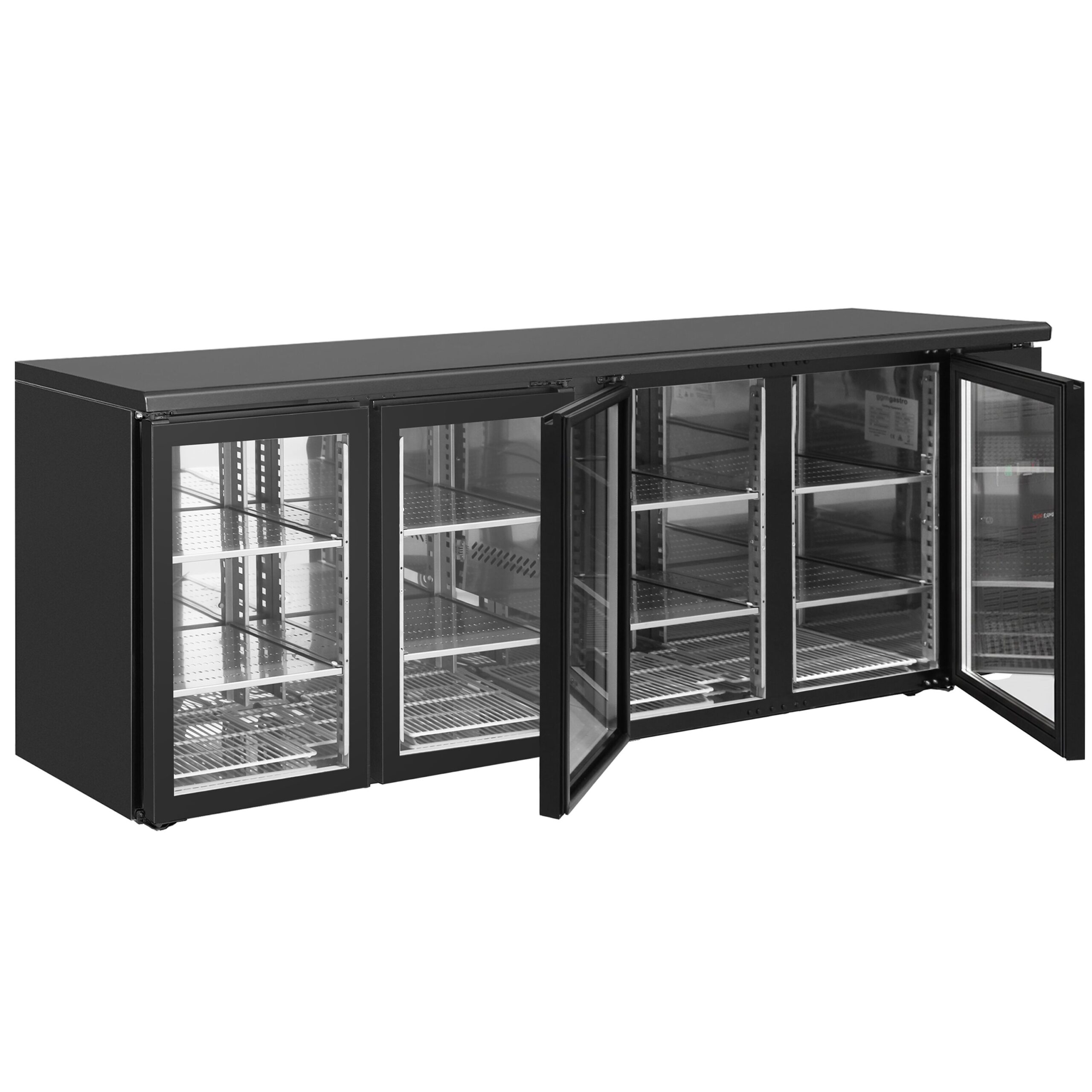 Čierny barový a nápojový chladiaci stôl ECO – 2542 mm, 4 bezrámové sklenené dvere – Obrázok 2