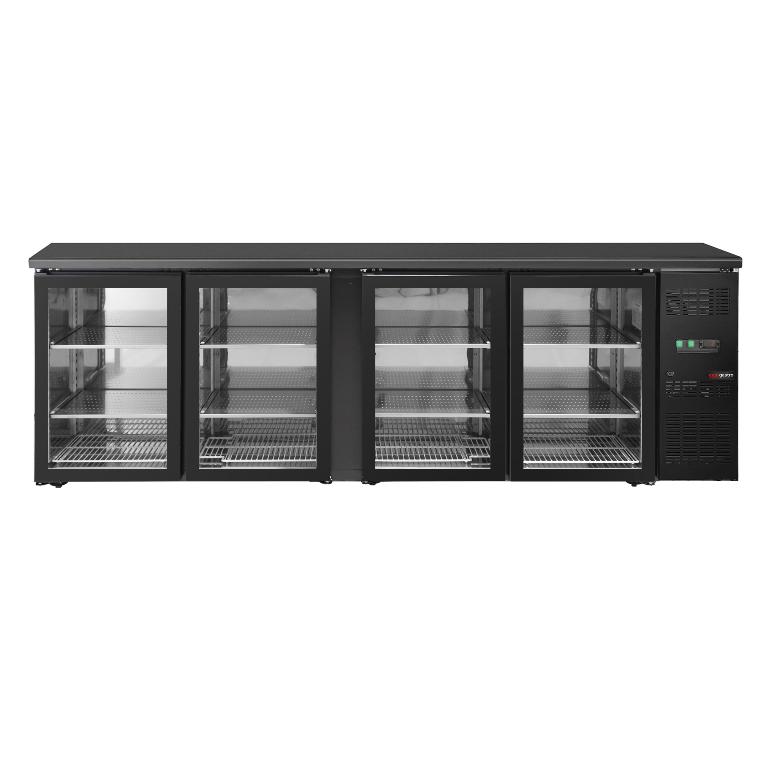 Čierny barový a nápojový chladiaci stôl ECO – 2542 mm, 4 bezrámové sklenené dvere – Obrázok 4