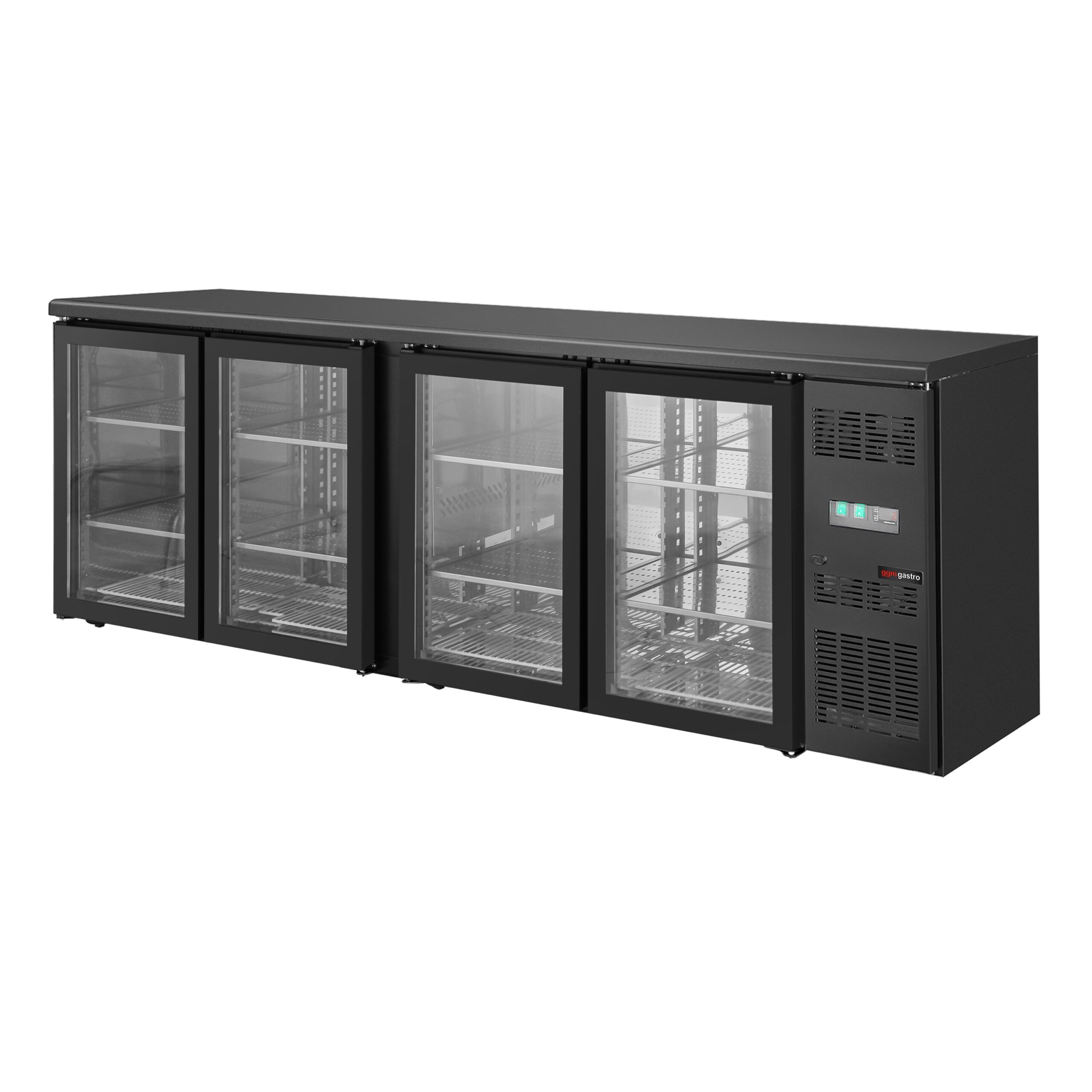 Čierny barový a nápojový chladiaci stôl ECO – 2542 mm, 4 bezrámové sklenené dvere – Obrázok 5