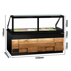 Chladiaca saladeta TORONTO — šírka 2550 mm, drevený front, 4x dvierka, žulová pracovná doska (čierna), pre 6x GN 1/1