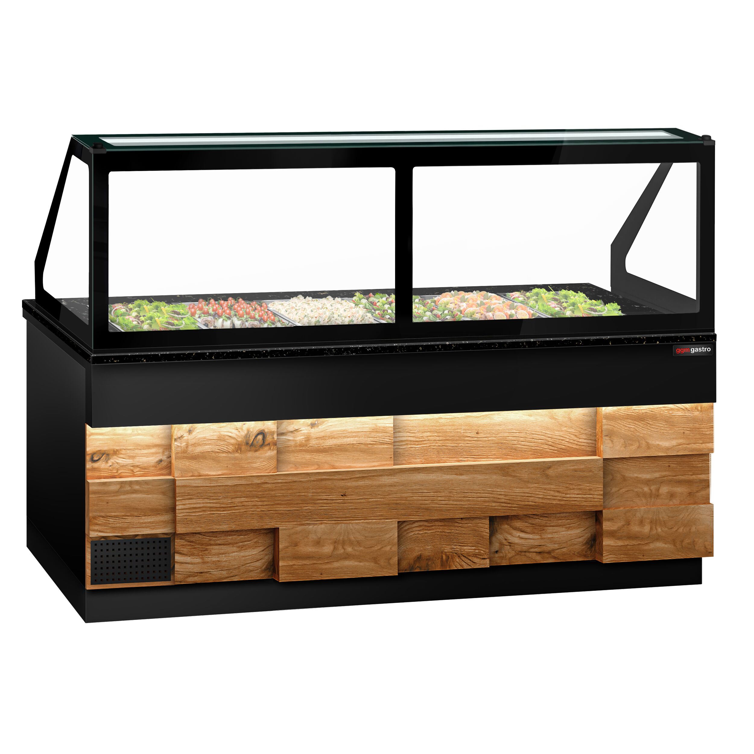 Chladiaca saladeta TORONTO — šírka 2550 mm, drevený front, 4x dvierka, žulová pracovná doska (čierna), pre 6x GN 1/1 – Obrázok 3