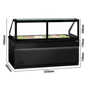 Chladiaca saladeta TORONTO — šírka 2550 mm, čierny front, 4x dvierka, žulová pracovná doska (čierna), pre 6x GN 1/1