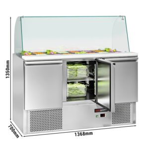Chladiaca saladeta ECO — šírka 1368 mm, 3x dvierka, vysoká sklenená nadstavba, pre 4x GN 1/1