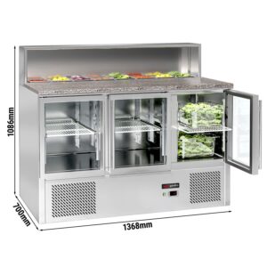 Chladiaca saladeta ECO — šírka 1370 mm, 3x sklenené dvierka, nerezová doska, pre 8x GN 1/6