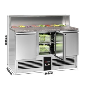 Chladiaca saladeta PREMIUM — šírka 1368 mm, 3x dvierka, nerezová pracovná doska, pre 8x GN 1/6
