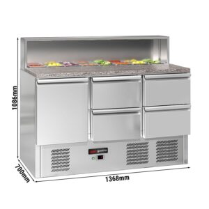 Chladiaca saladeta ECO — šírka 1368 mm, 1x dvierka + 4x zásuvka, nerezová doska, pre 8x GN 1/6