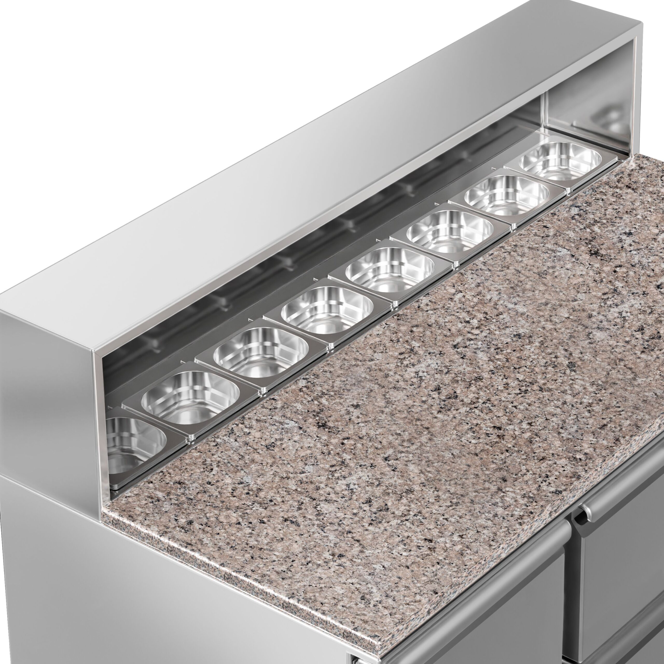Chladiaca saladeta ECO — šírka 1368 mm, 3x dvierka, nerezová pracovná doska, pre 8x GN 1/6 – Obrázok 4