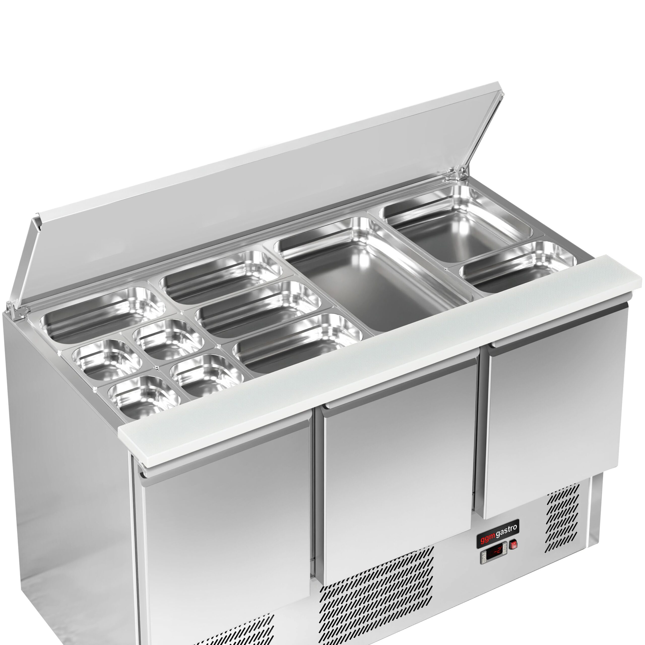 Chladiaca saladeta ECO — šírka 1368 mm, 3x dvierka, nerezové veko, pre 4x GN 1/1 – Obrázok 3