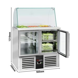 Chladiaca saladeta PREMIUM — šírka 900 mm, 2x sklenené dvierka, sklenená nadstavba, pre 2x GN 1/1 + 3x GN 1/6