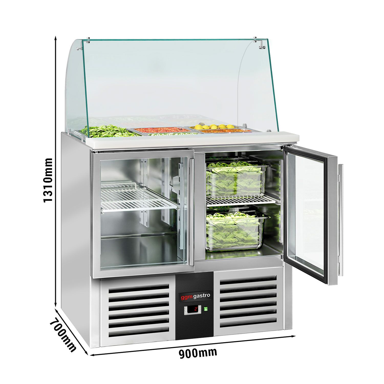 Chladiaca saladeta PREMIUM — šírka 900 mm, 2x sklenené dvierka, sklenená nadstavba, pre 2x GN 1/1 + 3x GN 1/6
