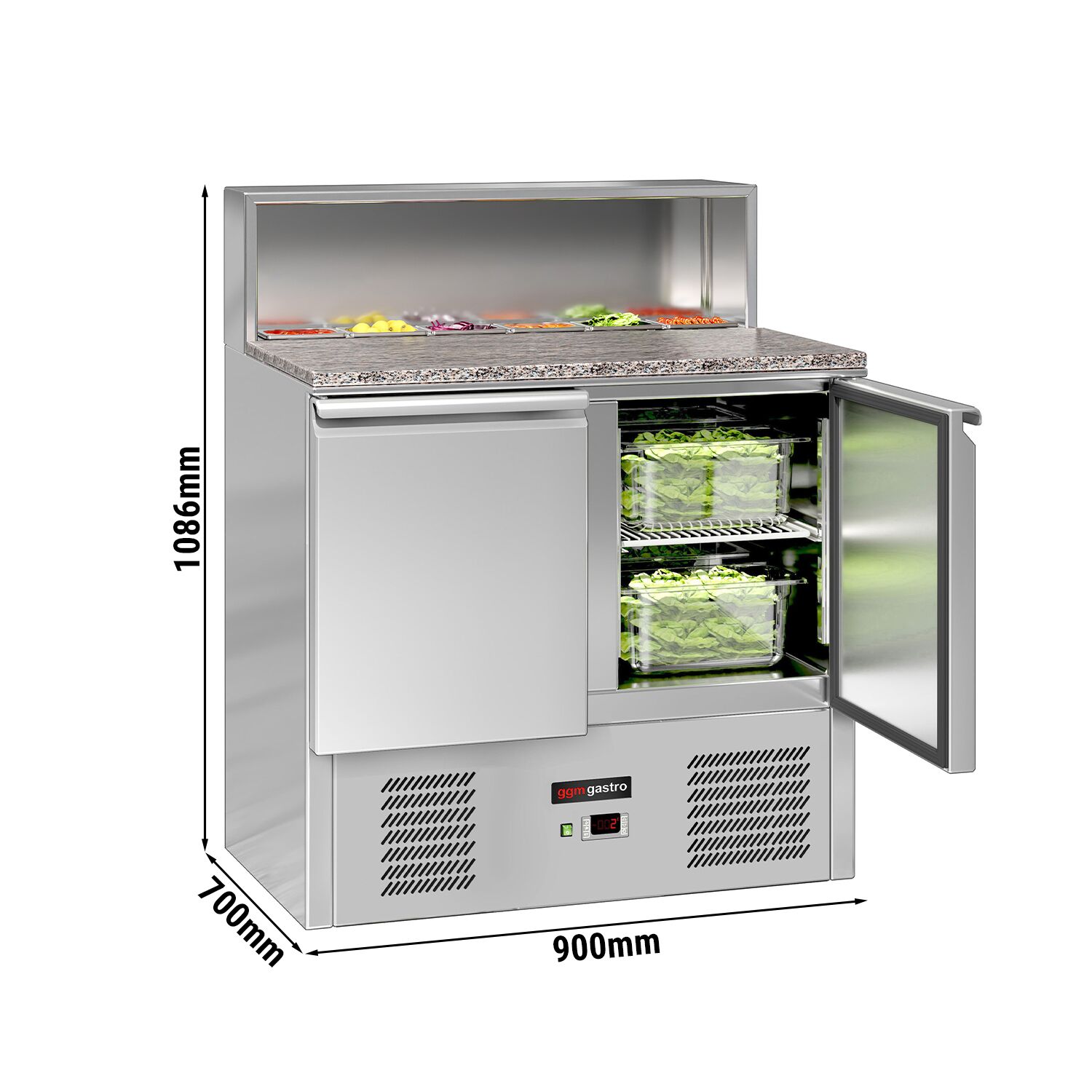 Chladiaca saladeta ECO — šírka 903 mm, 2x dvierka, nerezová pracovná doska, pre 5x GN 1/6