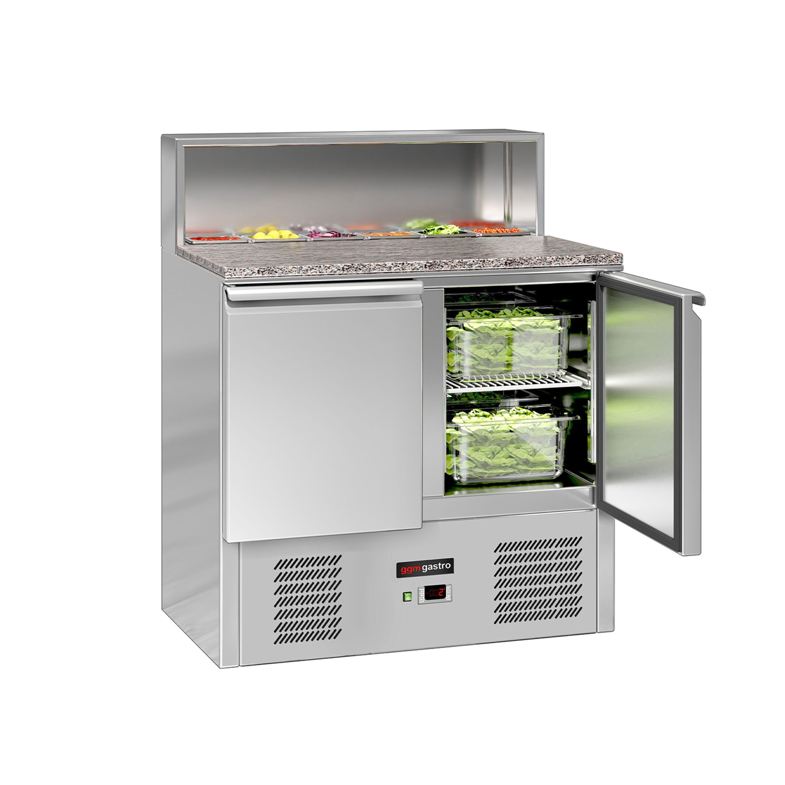 Chladiaca saladeta ECO — šírka 903 mm, 2x dvierka, nerezová pracovná doska, pre 5x GN 1/6 – Obrázok 4