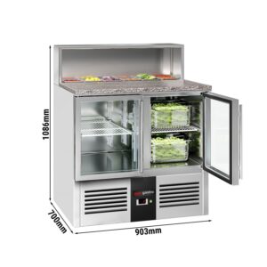 Chladiaca saladeta PREMIUM — šírka 903 mm, 2x sklenené dvierka, nerezová doska, pre 5x GN 1/6