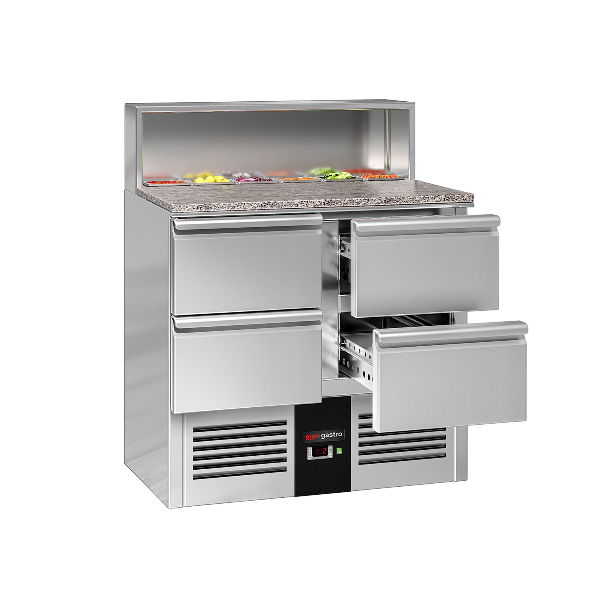 Chladiaca saladeta PREMIUM — šírka 903 mm, 4x zásuvka, nerezová pracovná doska, pre 5x GN 1/6 – Obrázok 2