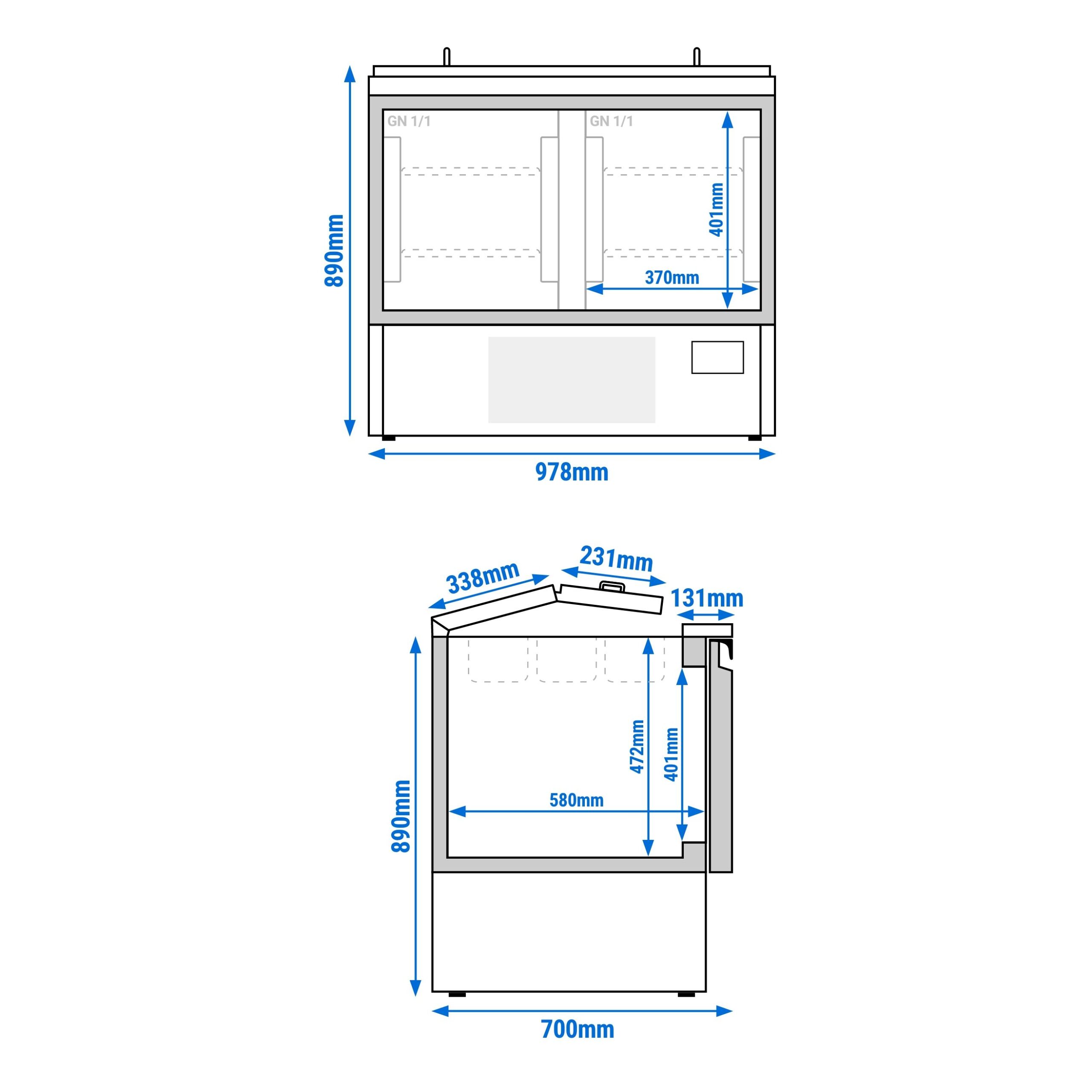 Chladiaca saladeta Premium PLUS — šírka 978 mm, 2x dvierka, nerezové veko, pre 6x GN 1/3 + 3x GN 1/6 – Obrázok 3