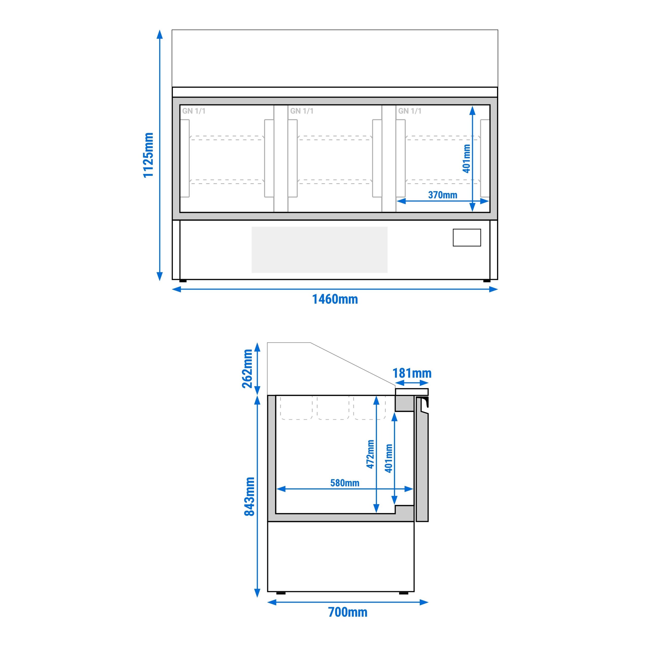 Chladiaca saladeta Premium PLUS — šírka 1460 mm, 3x dvierka, sklenená nadstavba, pre 9x GN 1/3 + 6x GN 1/6 – Obrázok 2