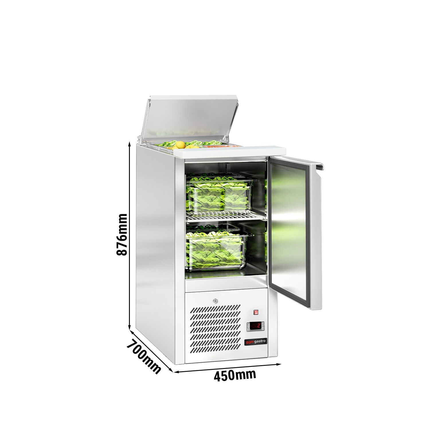 Chladiaca saladeta ECO — šírka 450 mm, 1x dvierka, nerezové veko, pre 1x GN 1/1