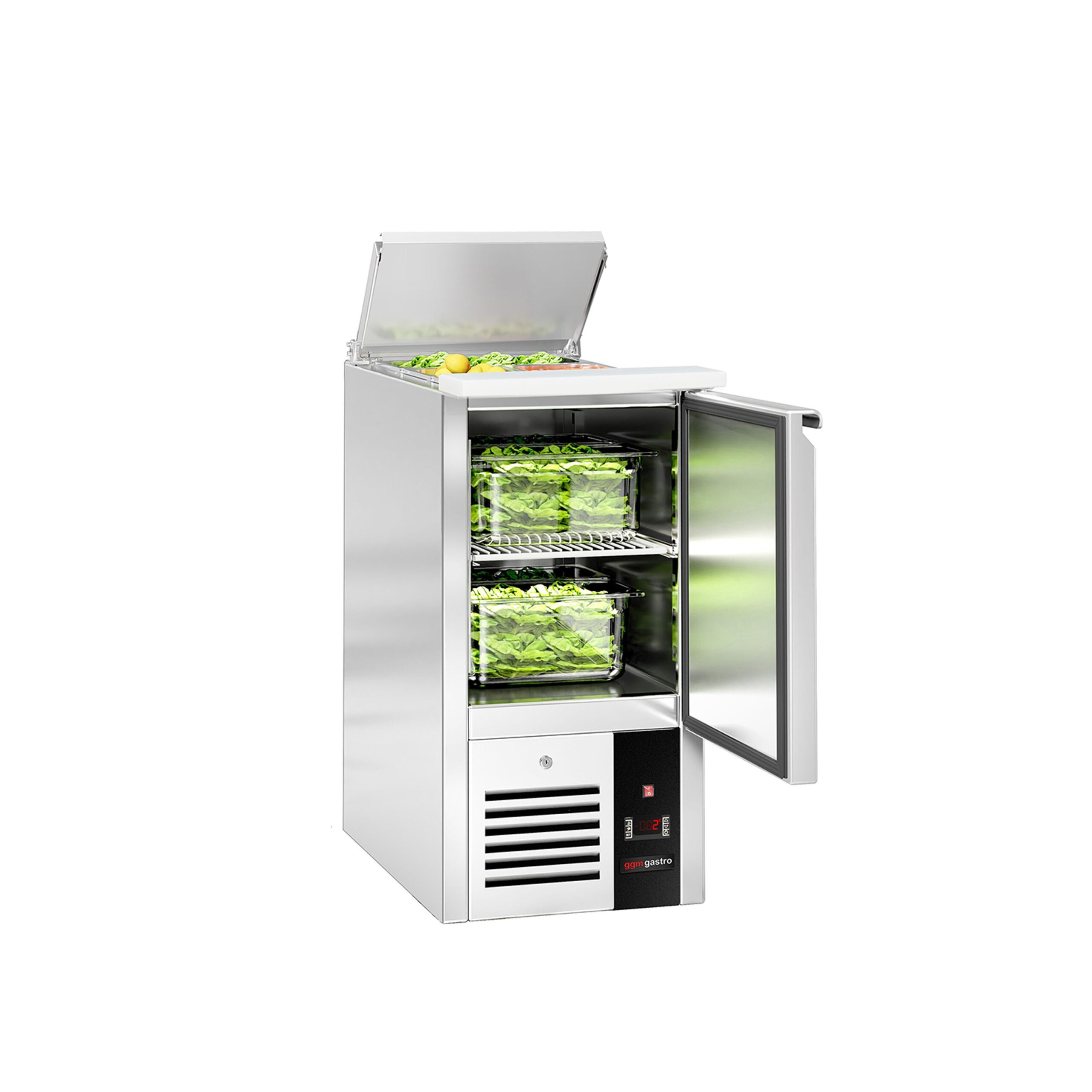 Chladiaca saladeta PREMIUM — šírka 450 mm, 1x dvierka, nerezové veko, pre 1x GN 1/1 – Obrázok 5