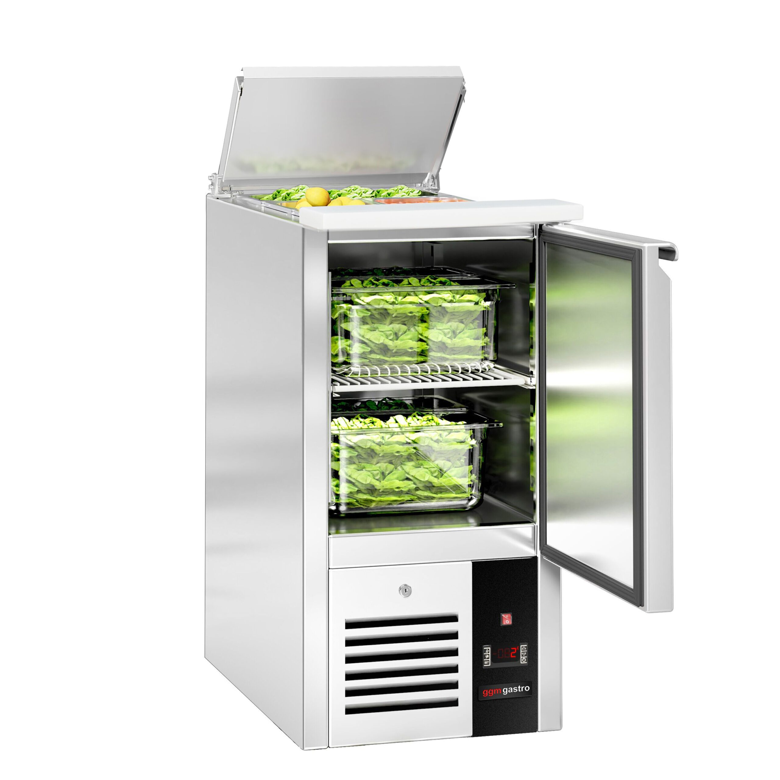 Chladiaca saladeta PREMIUM — šírka 450 mm, 1x dvierka, nerezové veko, pre 1x GN 1/1 – Obrázok 4