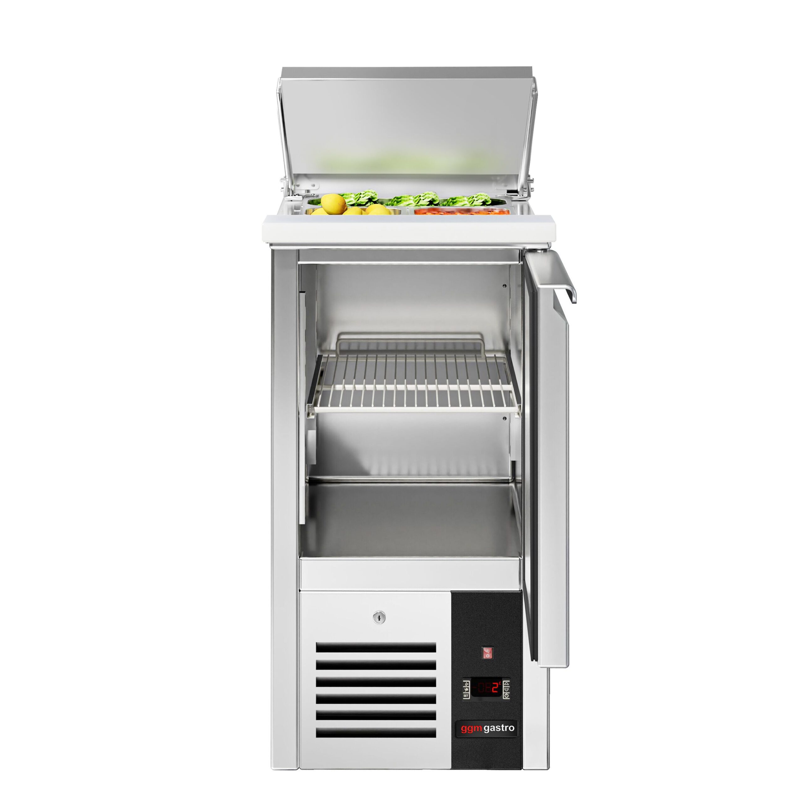Chladiaca saladeta PREMIUM — šírka 450 mm, 1x dvierka, nerezové veko, pre 1x GN 1/1 – Obrázok 2