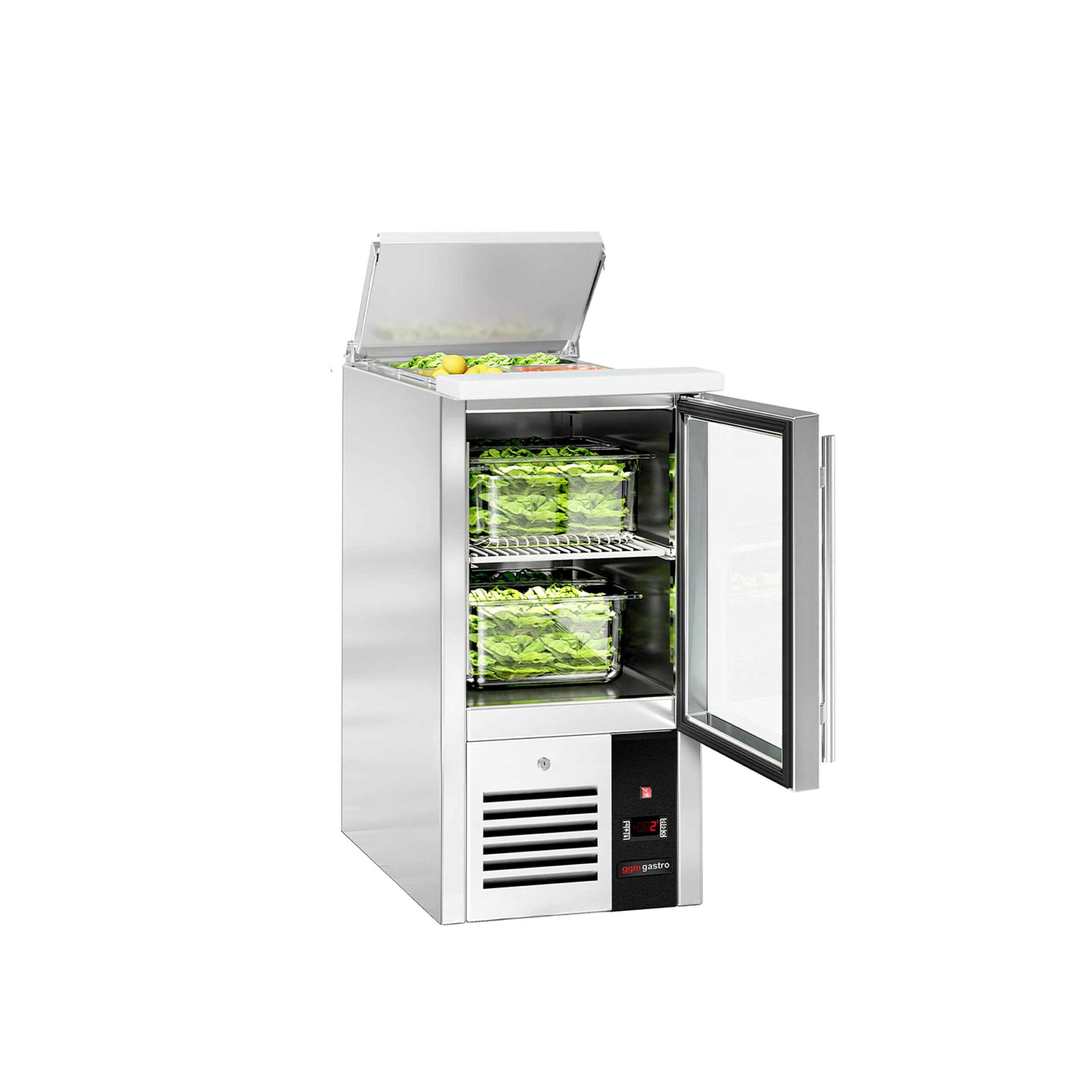 Chladiaca saladeta PREMIUM — šírka 450 mm, 1x sklenené dvierka, nerezové veko, pre 1x GN 1/1 – Obrázok 3