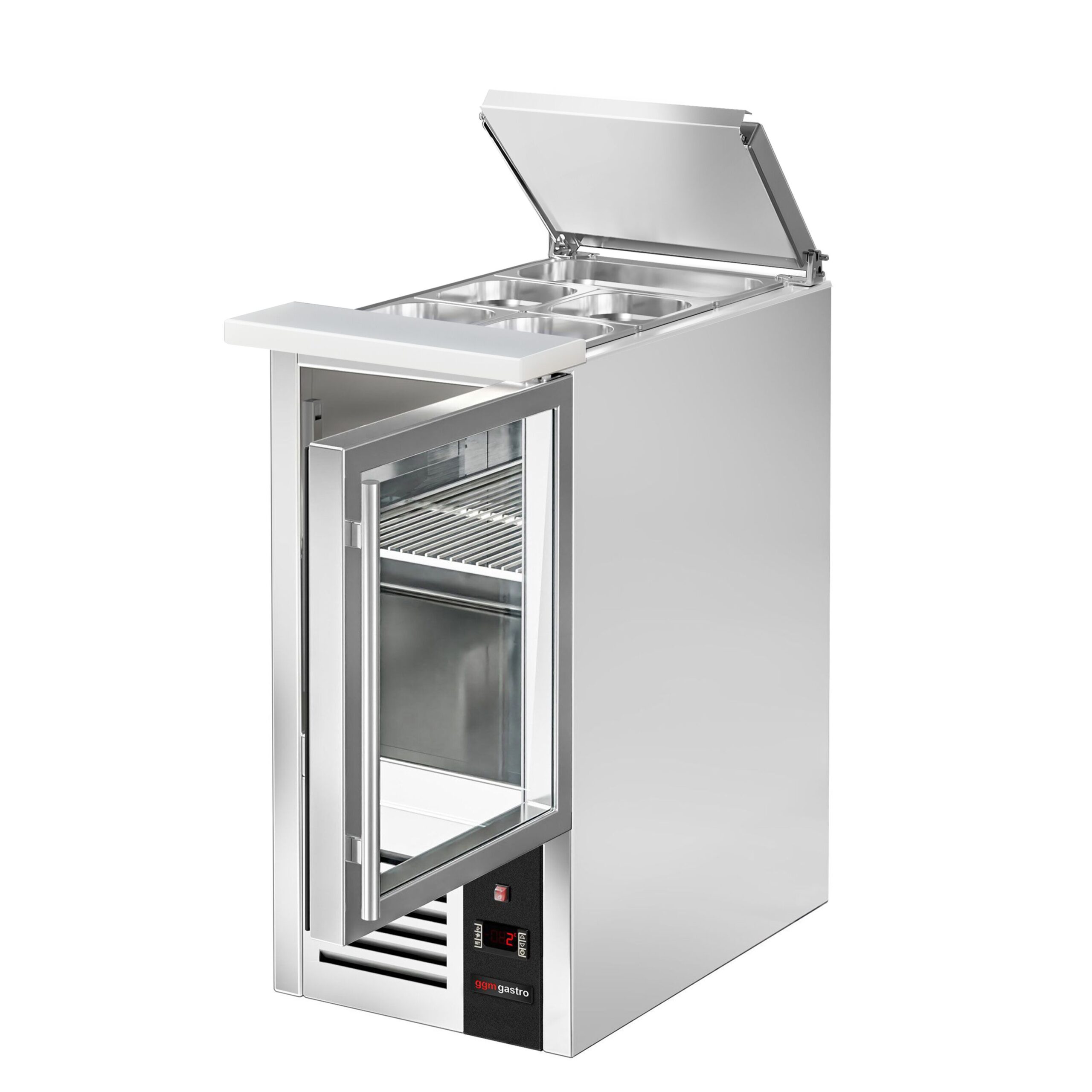 Chladiaca saladeta PREMIUM — šírka 450 mm, 1x sklenené dvierka, nerezové veko, pre 1x GN 1/1 – Obrázok 4