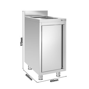 Nerezová skrinka pod drez — 400 x 600 mm, integrovaný drez a odpadkový kôš