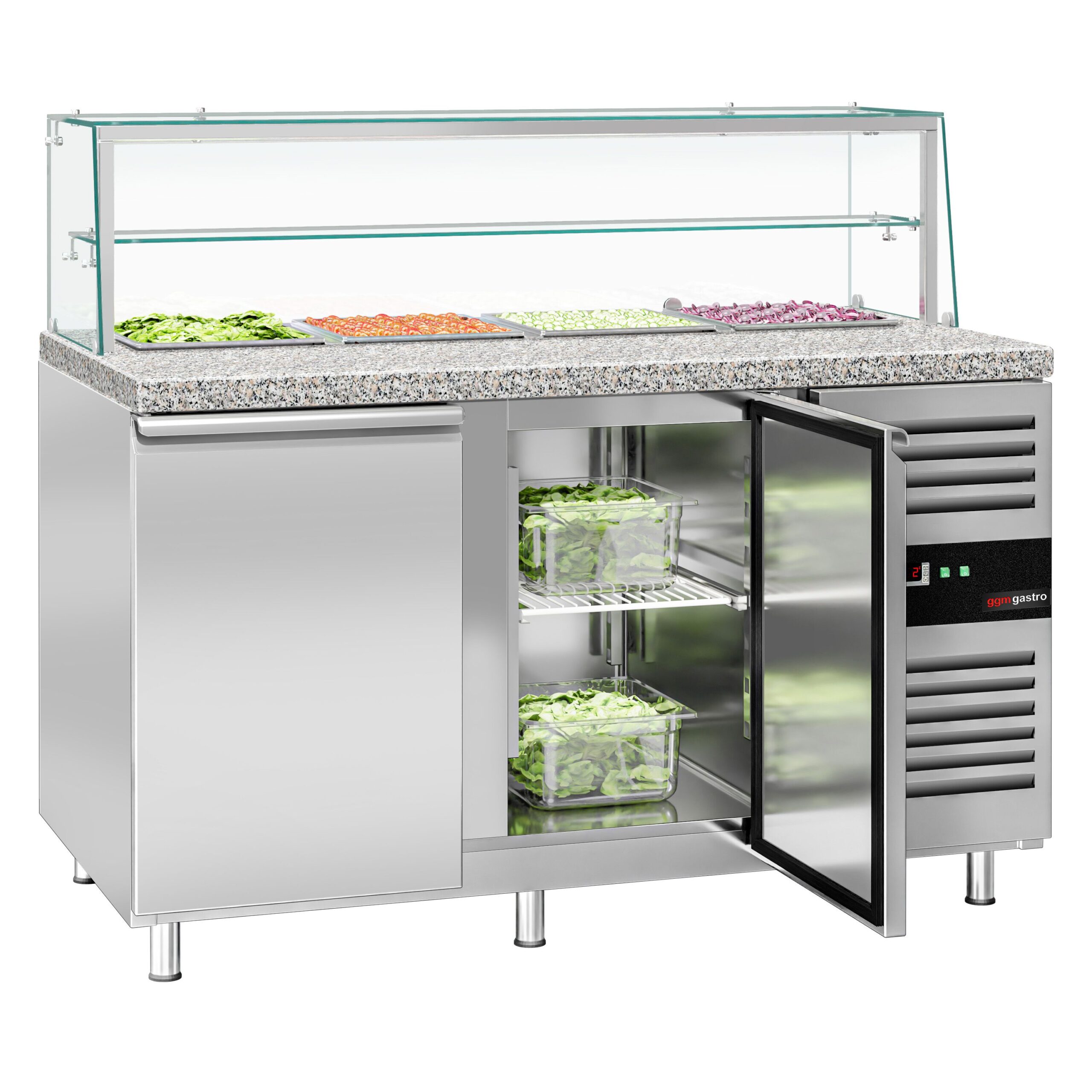 Chladiaca saladeta PREMIUM — šírka 1515 mm, 2x dvierka, 1x polica, sklenená nadstavba, pre 4x GN 1/1 – Obrázok 3