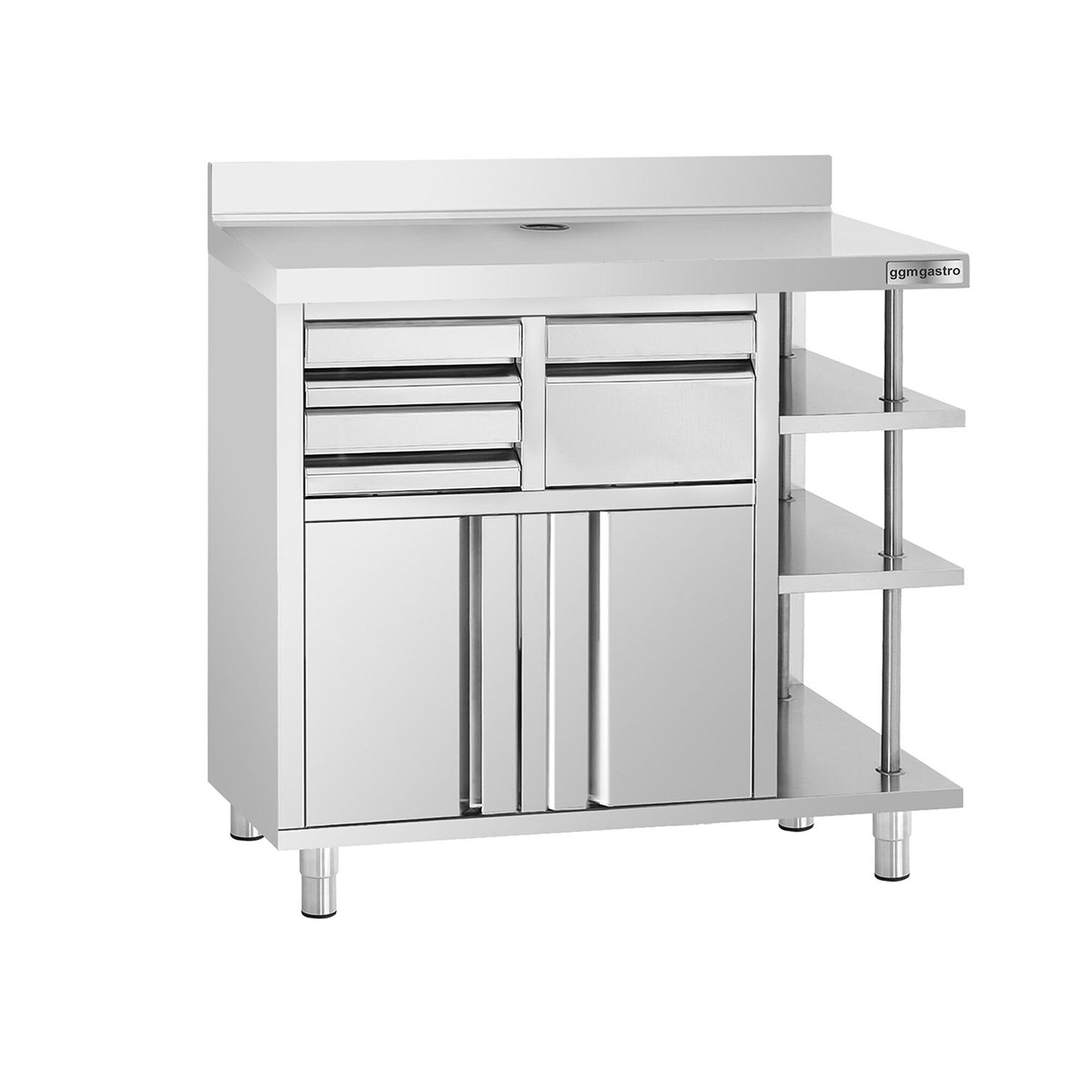 Nerezová pracovná skrinka pod kávovar — 1000 x 600 mm, s klopadlom, 2 zásuvky, 2 dvierka, zvýšené obloženie – Obrázok 3