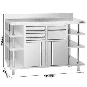 Nerezová pracovná skrinka pod kávovar — 2450 x 600 mm, s klopadlom, 2 zásuvky, 2 dvierka, zvýšené obloženie