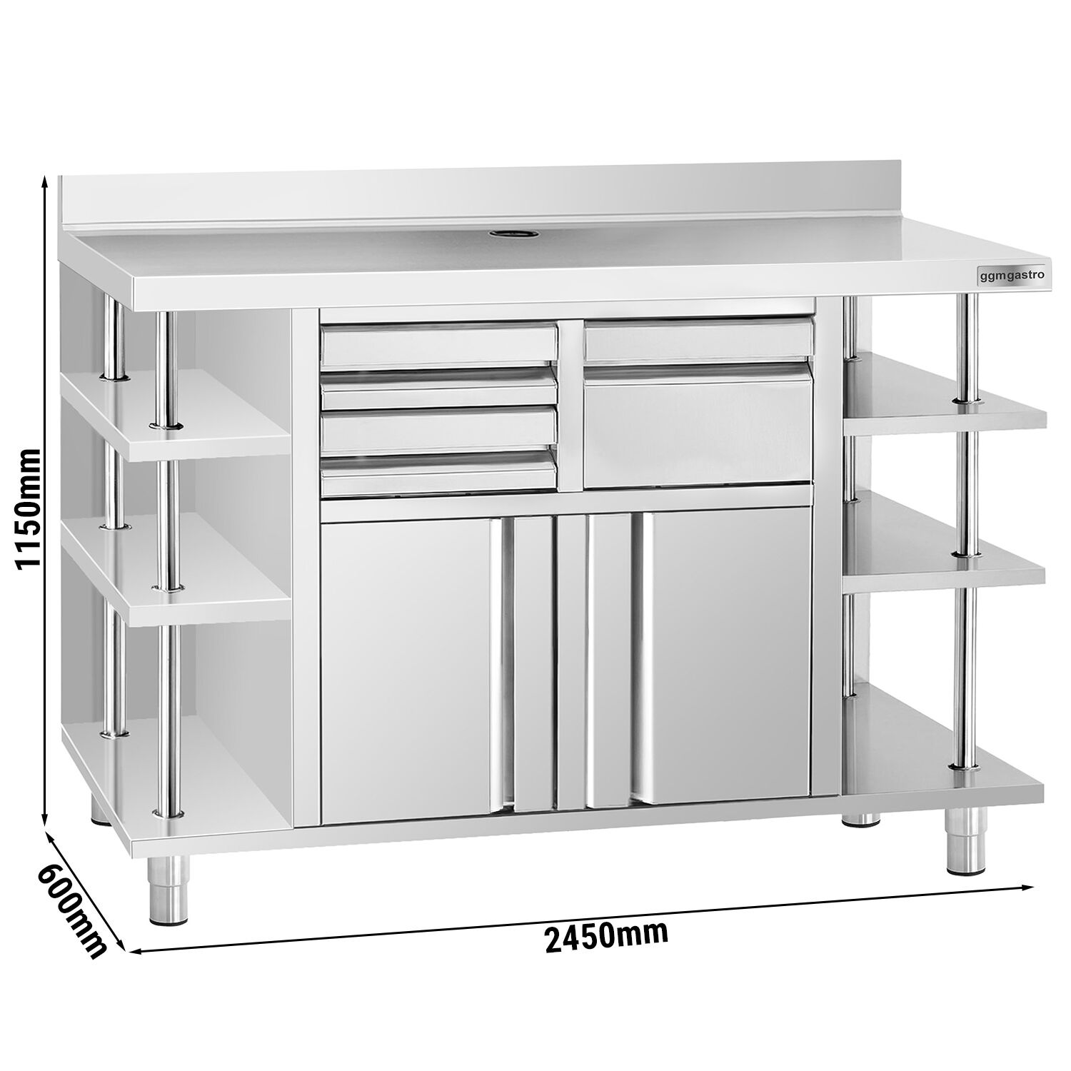 Nerezová pracovná skrinka pod kávovar — 2450 x 600 mm, s klopadlom, 2 zásuvky, 2 dvierka, zvýšené obloženie
