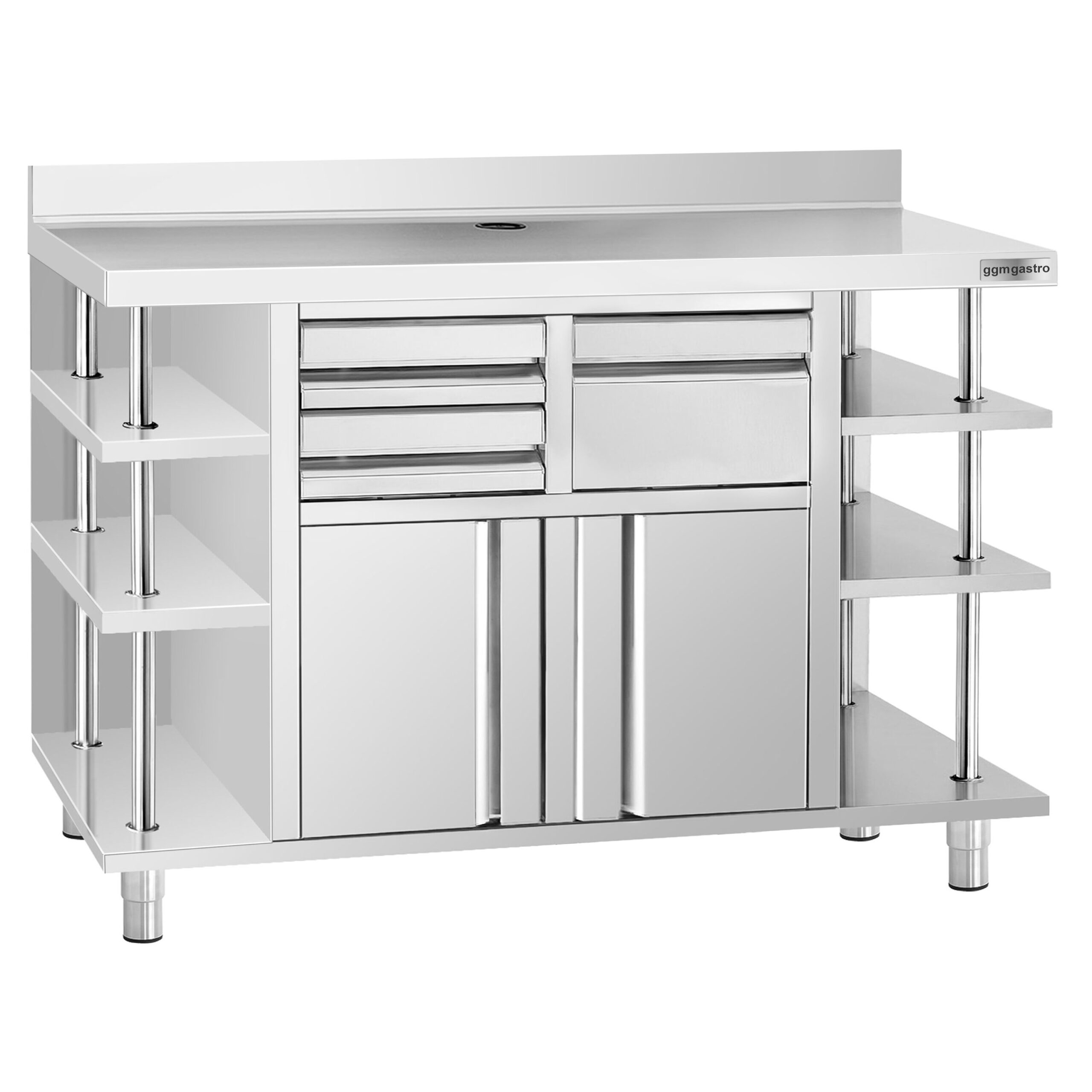 Nerezová pracovná skrinka pod kávovar — 2450 x 600 mm, s klopadlom, 2 zásuvky, 2 dvierka, zvýšené obloženie – Obrázok 2