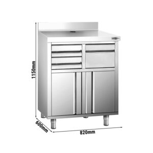 Nerezová pracovná skrinka pod kávovar — 820 x 600 mm, s klopadlom, 2 zásuvky, 2 dvierka, zvýšené obloženie