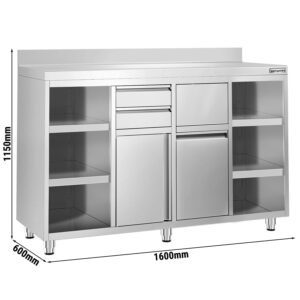 Nerezová pracovná skrinka pod kávovar — 1600 x 600 mm, 2 zásuvky, 2 dvierka, zvýšený nadstavec