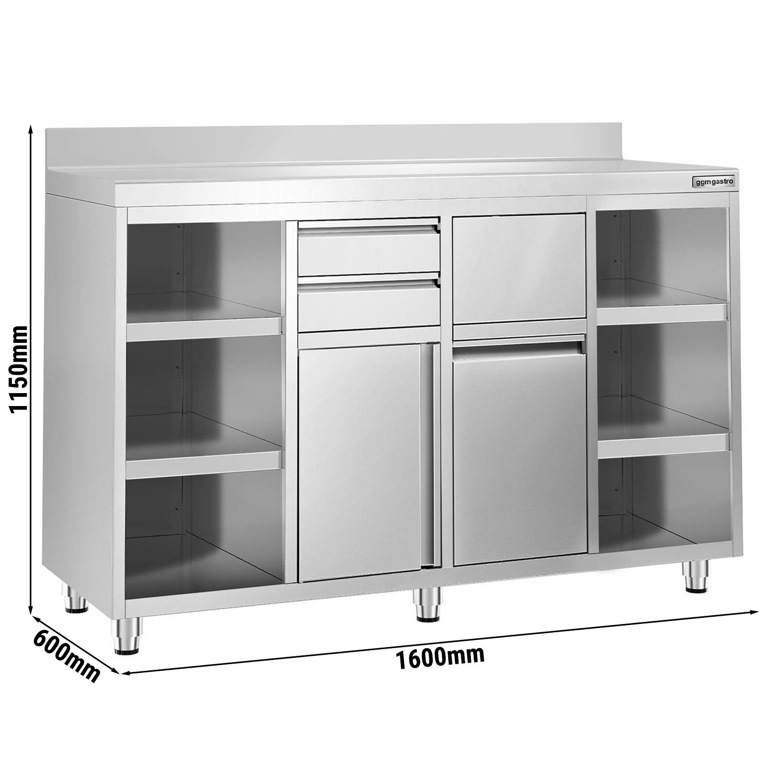 Nerezová pracovná skrinka pod kávovar — 1600 x 600 mm, 2 zásuvky, 2 dvierka, zvýšený nadstavec