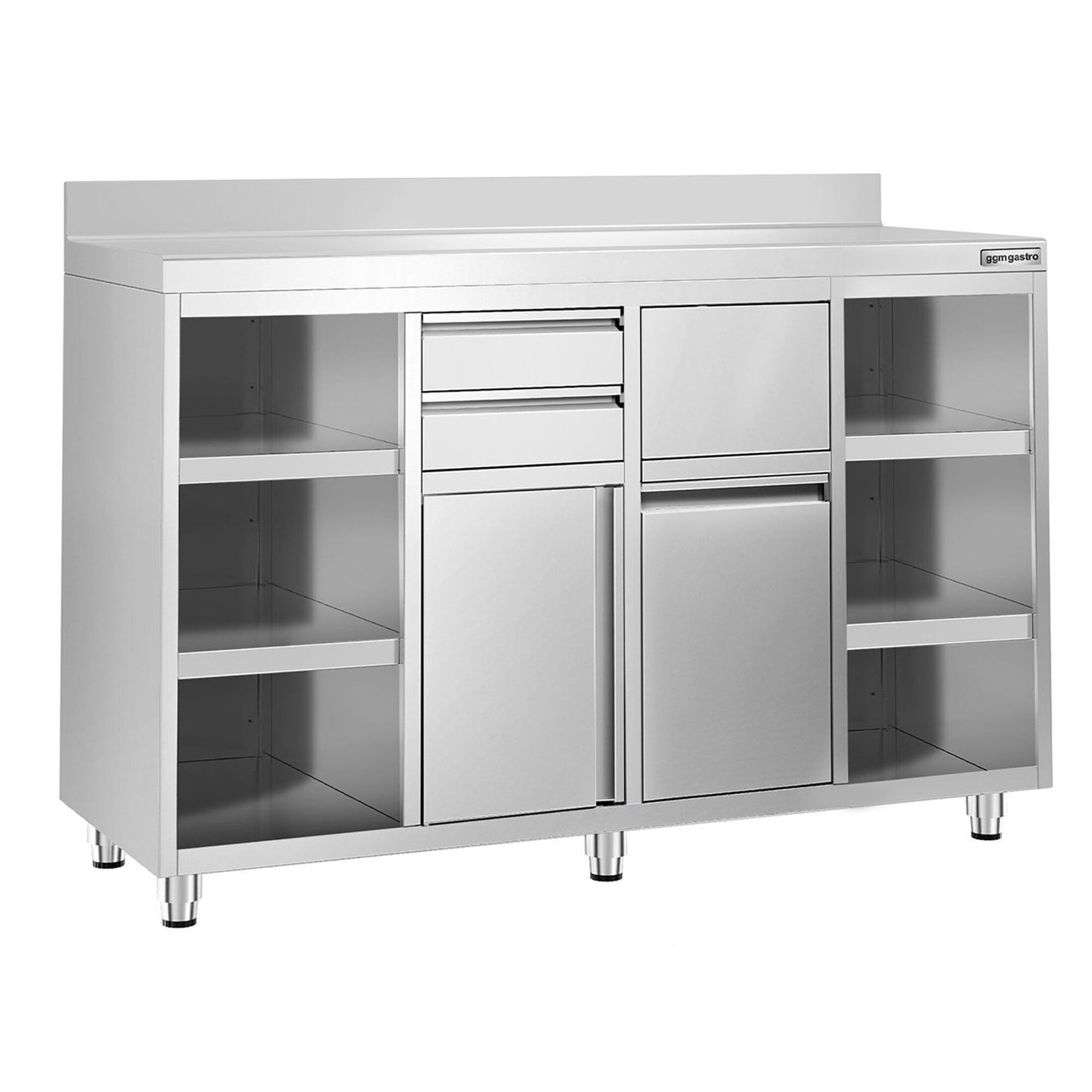 Nerezová pracovná skrinka pod kávovar — 1600 x 600 mm, 2 zásuvky, 2 dvierka, zvýšený nadstavec – Obrázok 3