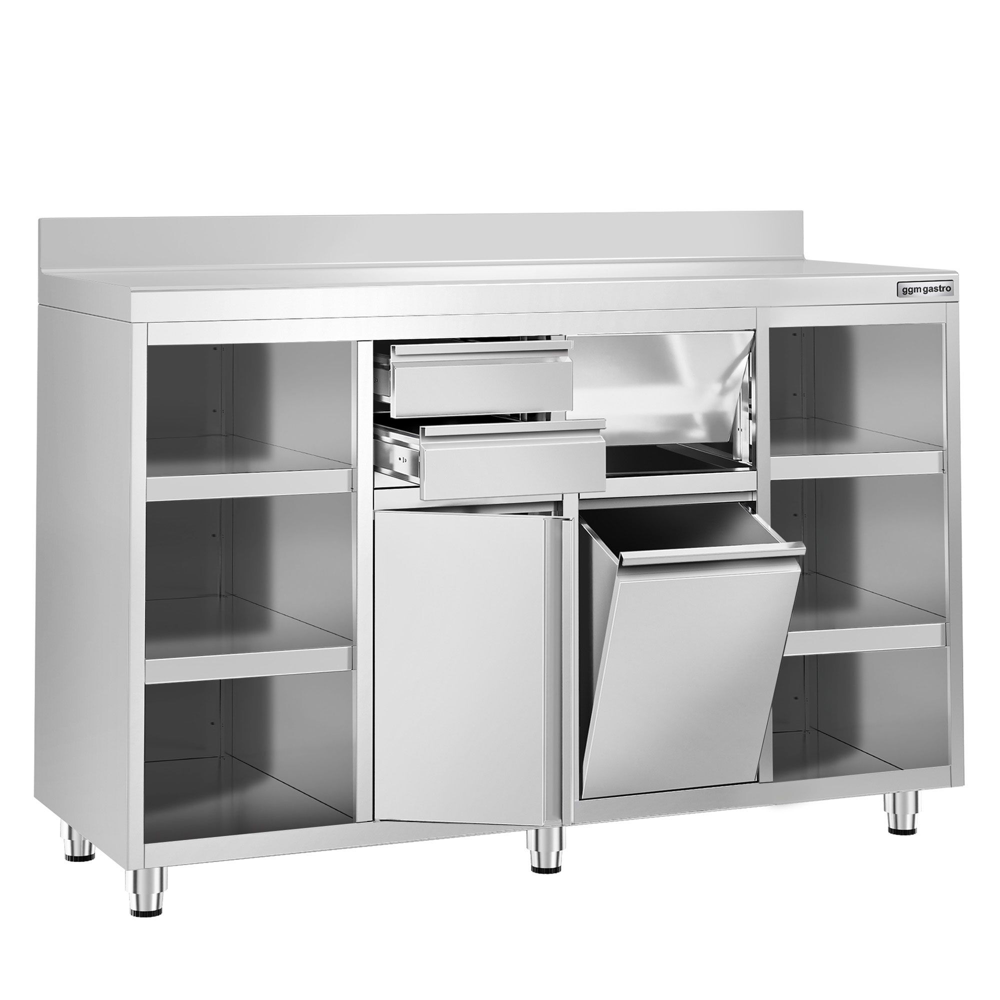 Nerezová pracovná skrinka pod kávovar — 1600 x 600 mm, 2 zásuvky, 2 dvierka, zvýšený nadstavec – Obrázok 2
