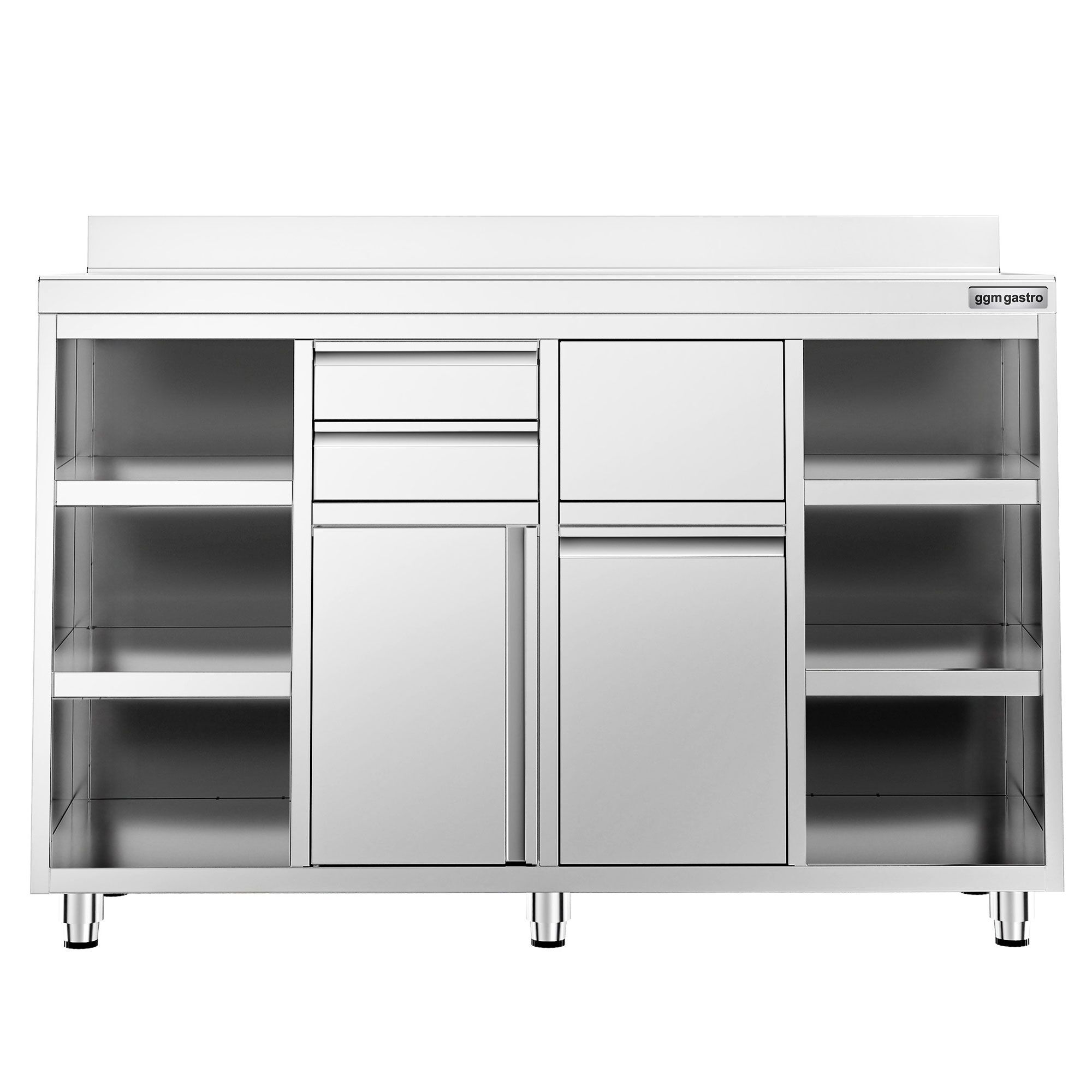 Nerezová pracovná skrinka pod kávovar — 1600 x 600 mm, 2 zásuvky, 2 dvierka, zvýšený nadstavec – Obrázok 4