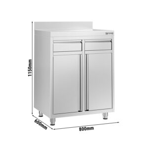 Nerezová pracovná skrinka pod kávovar — 800 x 600 mm, 2 zásuvky, 2 dvierka, zvýšený nadstavec
