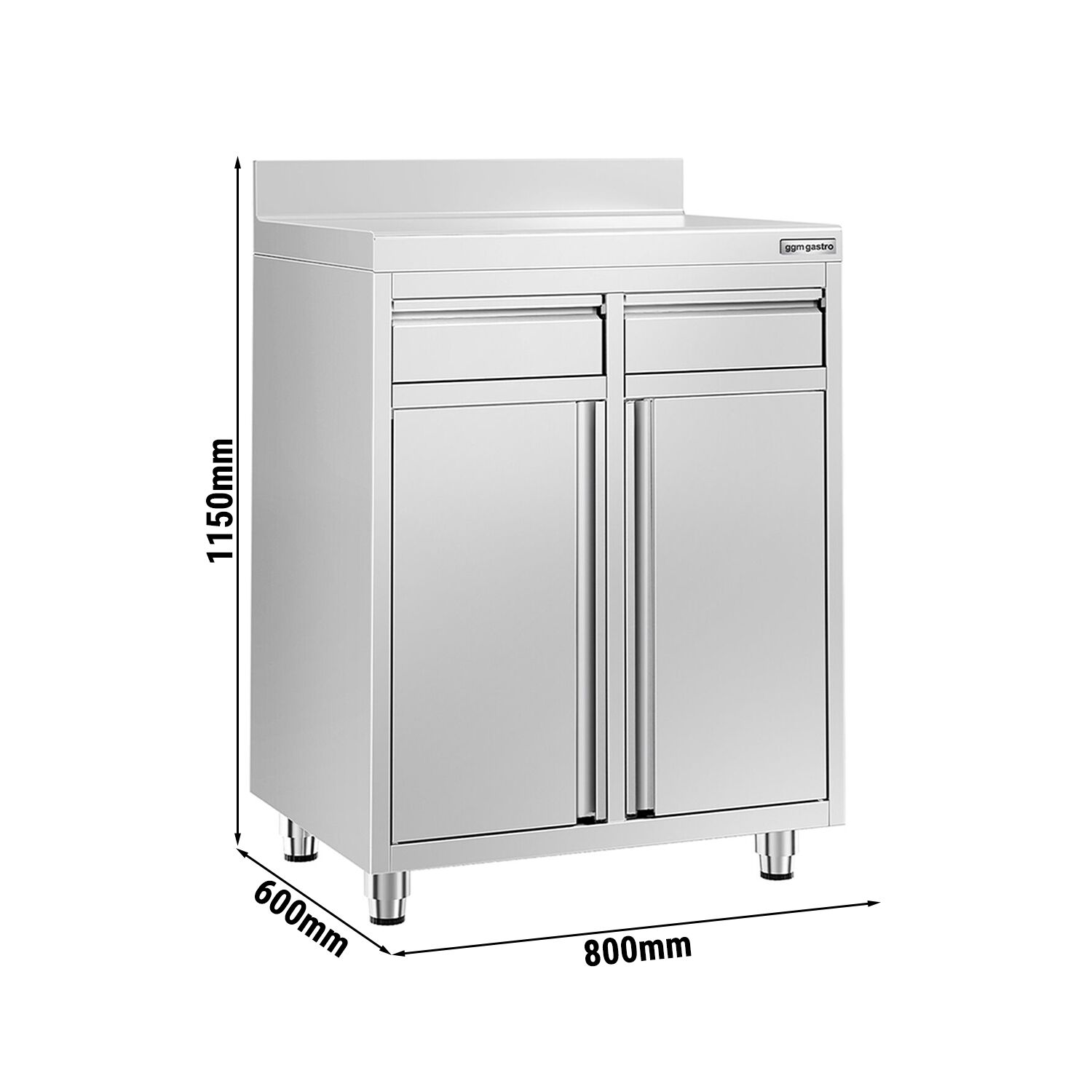 Nerezová pracovná skrinka pod kávovar — 800 x 600 mm, 2 zásuvky, 2 dvierka, zvýšený nadstavec