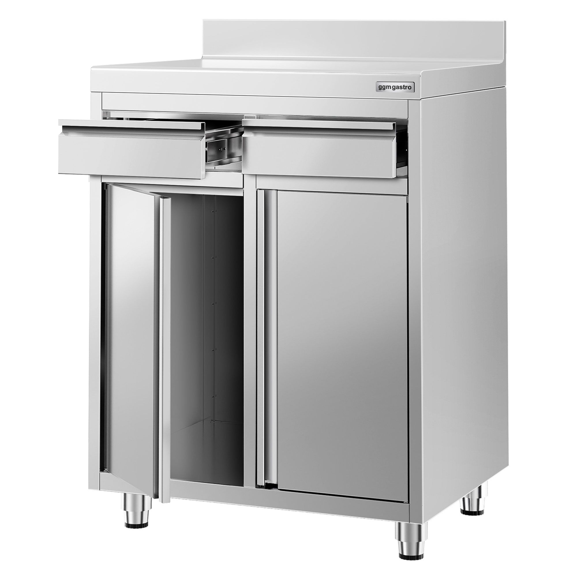 Nerezová pracovná skrinka pod kávovar — 800 x 600 mm, 2 zásuvky, 2 dvierka, zvýšený nadstavec – Obrázok 3