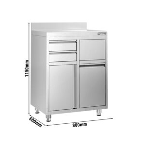 Nerezová pracovná skrinka pod kávovar — 800 x 600 mm, 2 zásuvky, 1 dvierka, odpadkový kôš, zvýšený lem