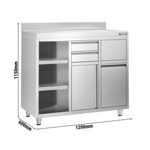 Nerezová pracovná skrinka pod kávovar — 1200 x 600 mm, 2 zásuvky, 1 dvierka, odpadkový kôš, zvýšený lem