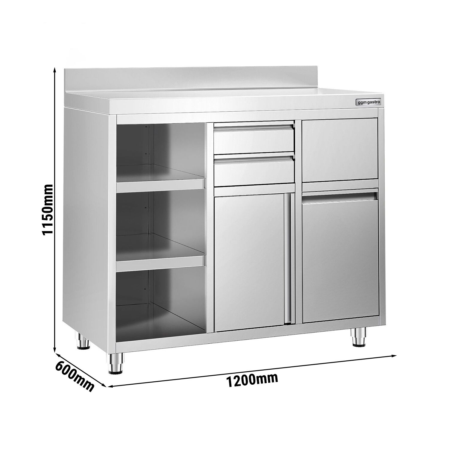 Nerezová pracovná skrinka pod kávovar — 1200 x 600 mm, 2 zásuvky, 1 dvierka, odpadkový kôš, zvýšený lem