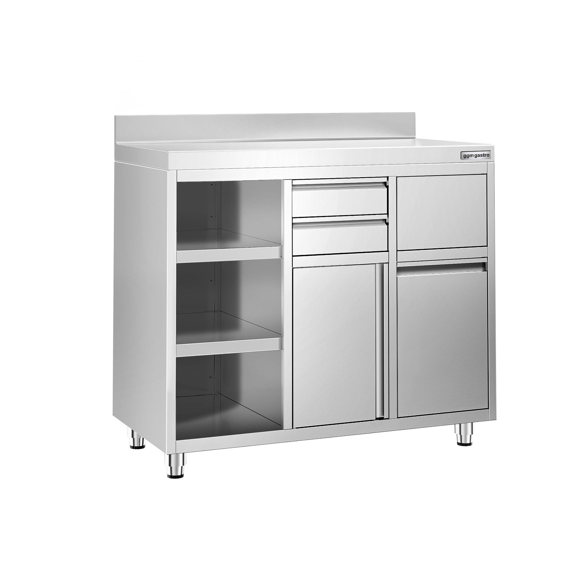 Nerezová pracovná skrinka pod kávovar — 1200 x 600 mm, 2 zásuvky, 1 dvierka, odpadkový kôš, zvýšený lem – Obrázok 4