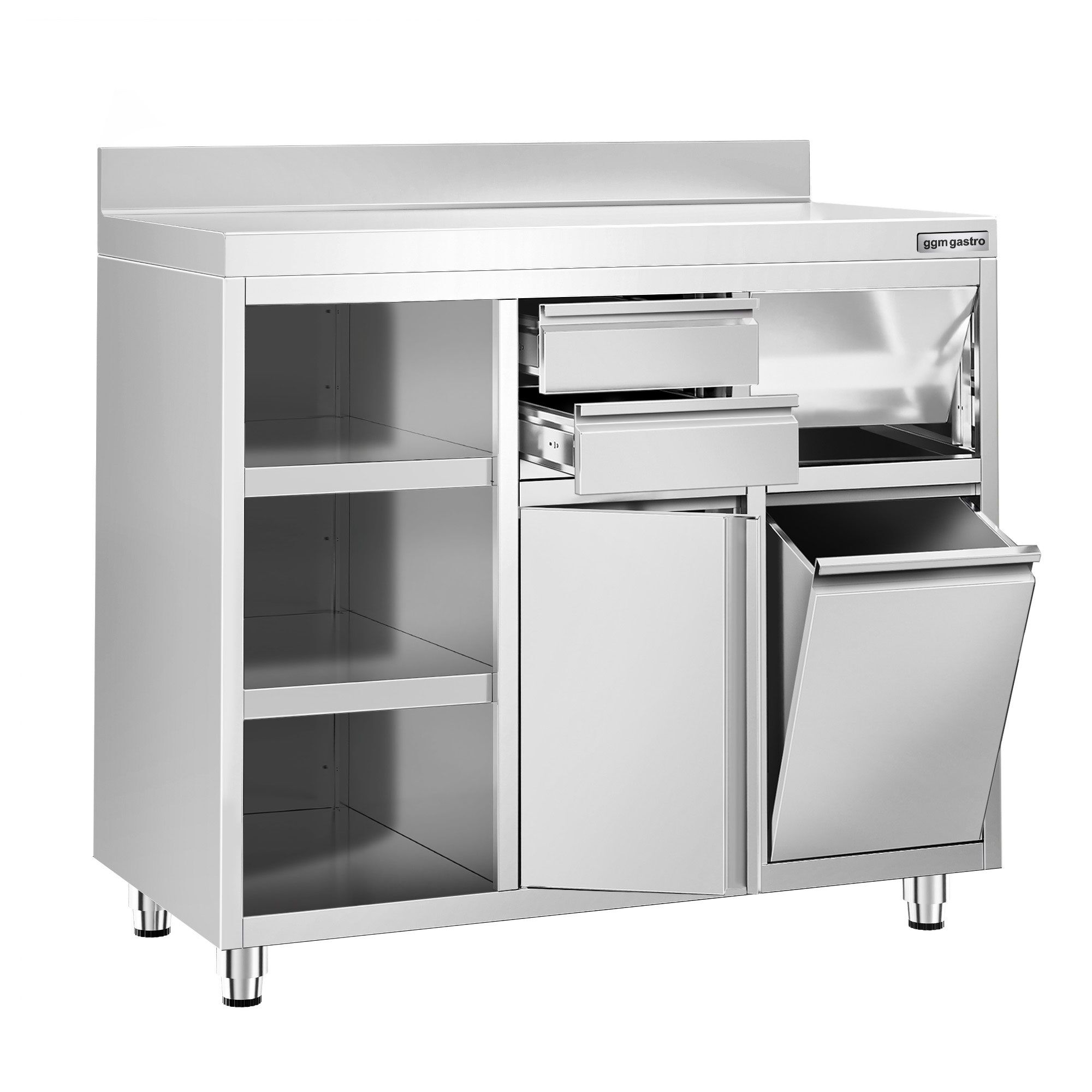 Nerezová pracovná skrinka pod kávovar — 1200 x 600 mm, 2 zásuvky, 1 dvierka, odpadkový kôš, zvýšený lem – Obrázok 3
