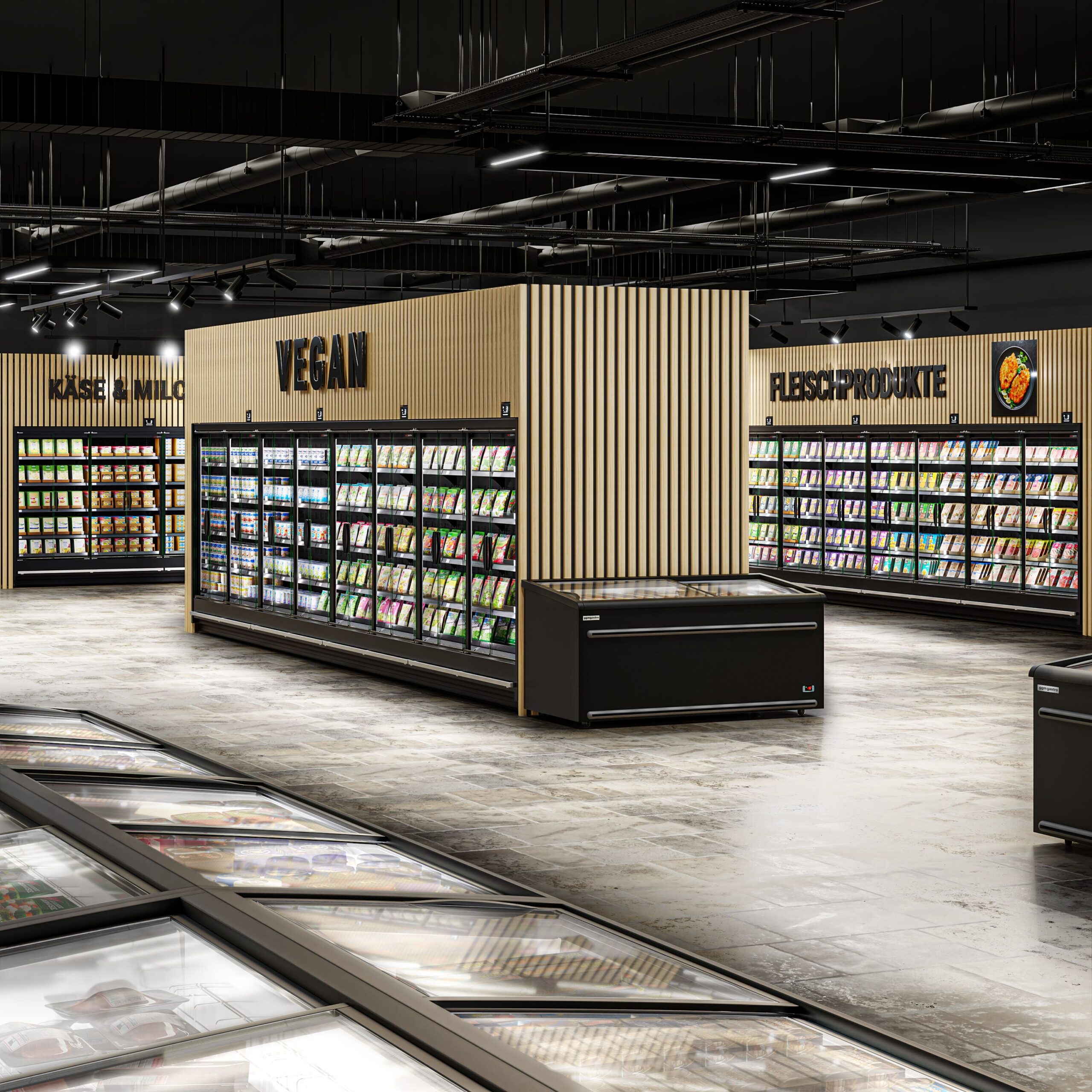 Profesionálna nástenná supermarketová chladiaca vitrína — šírka 7500 mm, dvojité zasklenie, bezrámové sklenené dvere, 5 políc, sada 4 ks – Obrázok 6